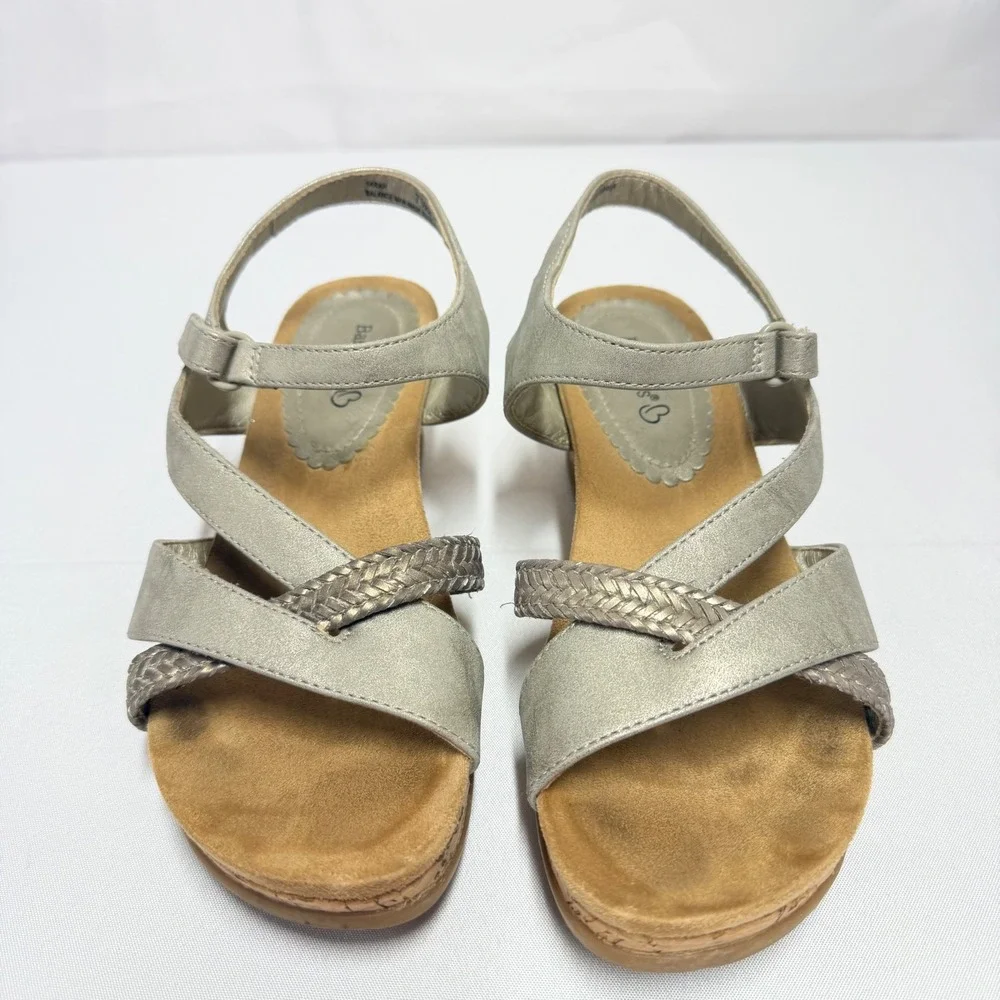 Baretraps Farah Womens 7.5M Champagne Metallic Cork Wedge Braided Sandals BTS23